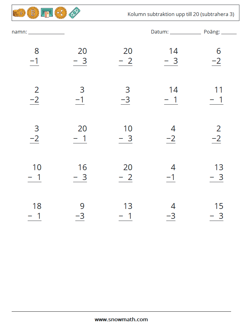 (25) Kolumn subtraktion upp till 20 (subtrahera 3) Matematiska arbetsblad 14