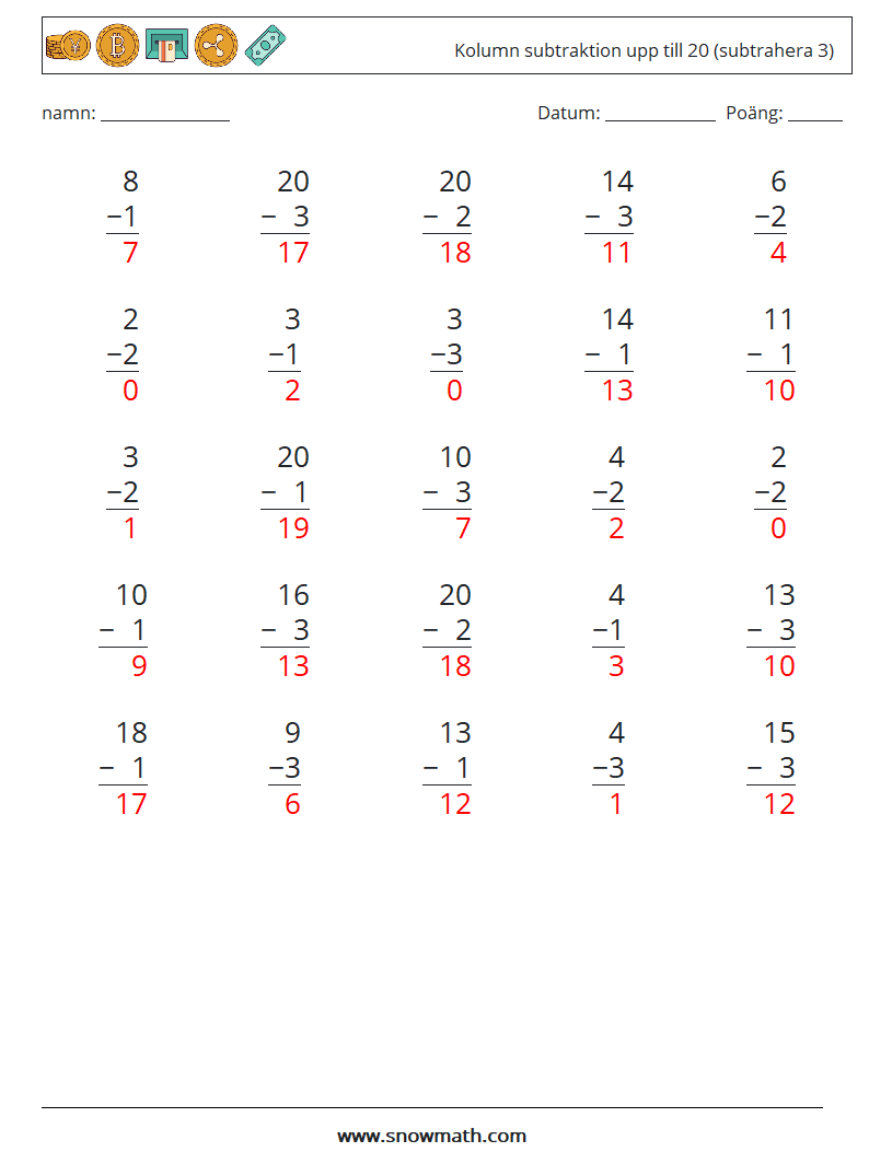 (25) Kolumn subtraktion upp till 20 (subtrahera 3) Matematiska arbetsblad 14 Fråga, svar