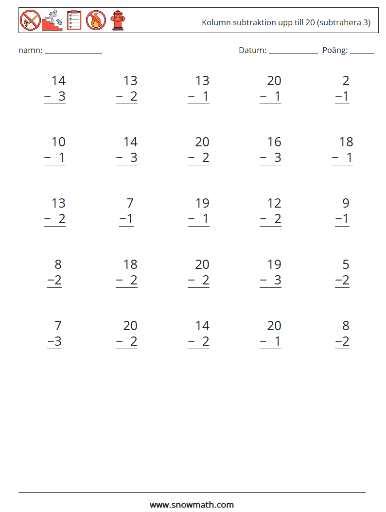(25) Kolumn subtraktion upp till 20 (subtrahera 3) Matematiska arbetsblad 15