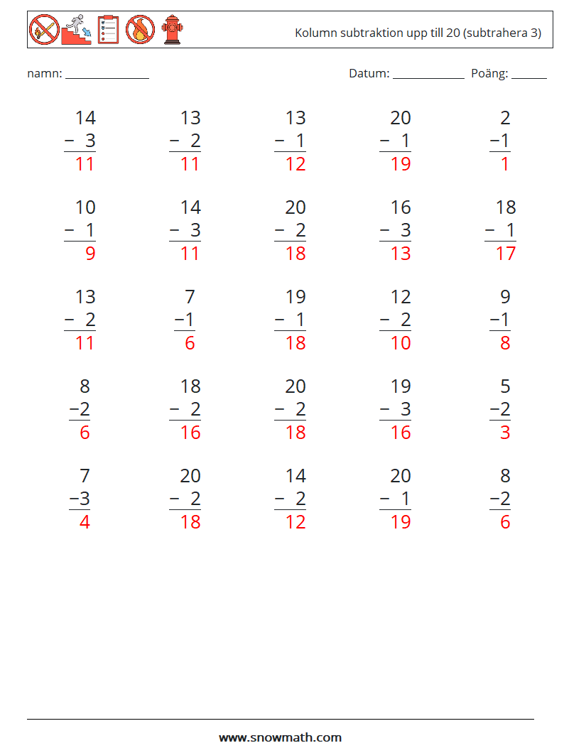 (25) Kolumn subtraktion upp till 20 (subtrahera 3) Matematiska arbetsblad 15 Fråga, svar