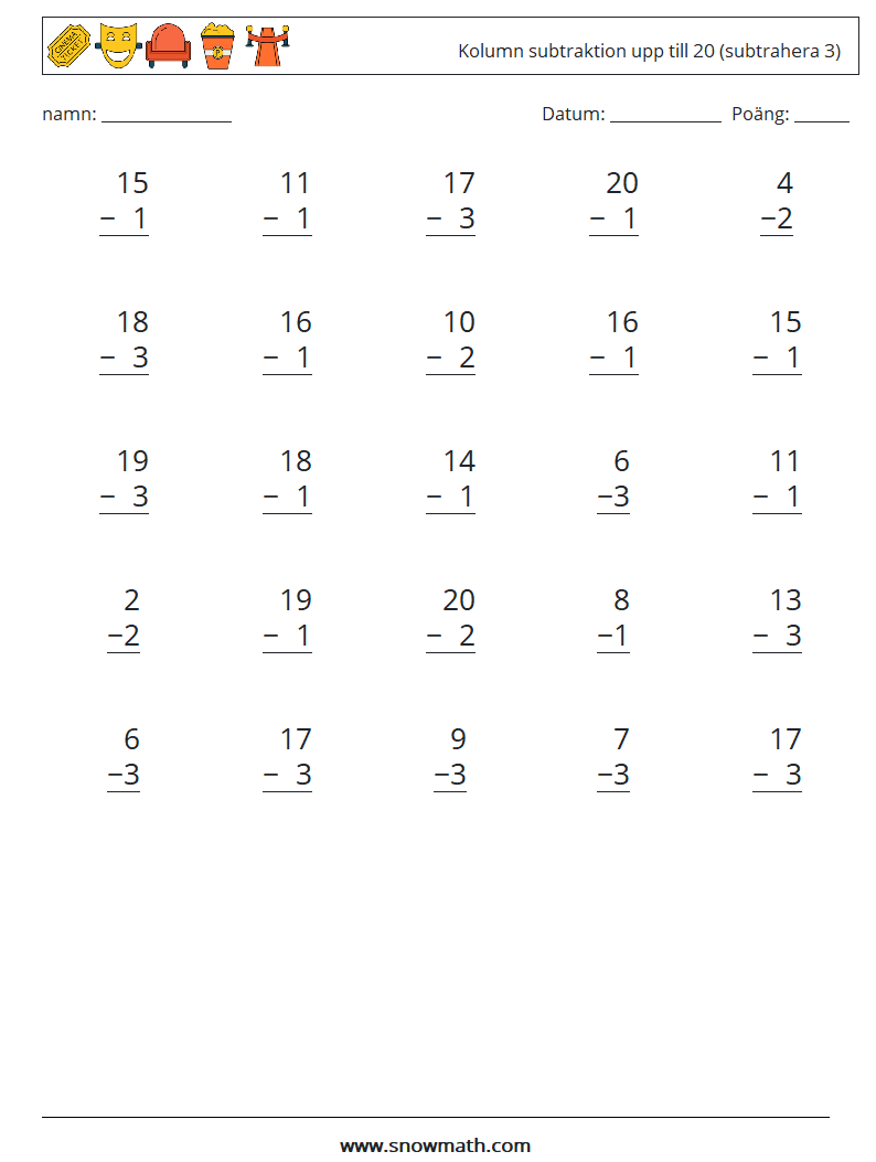 (25) Kolumn subtraktion upp till 20 (subtrahera 3) Matematiska arbetsblad 16