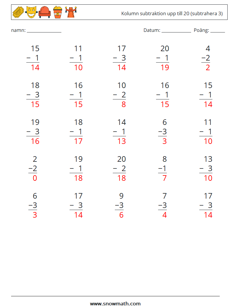 (25) Kolumn subtraktion upp till 20 (subtrahera 3) Matematiska arbetsblad 16 Fråga, svar