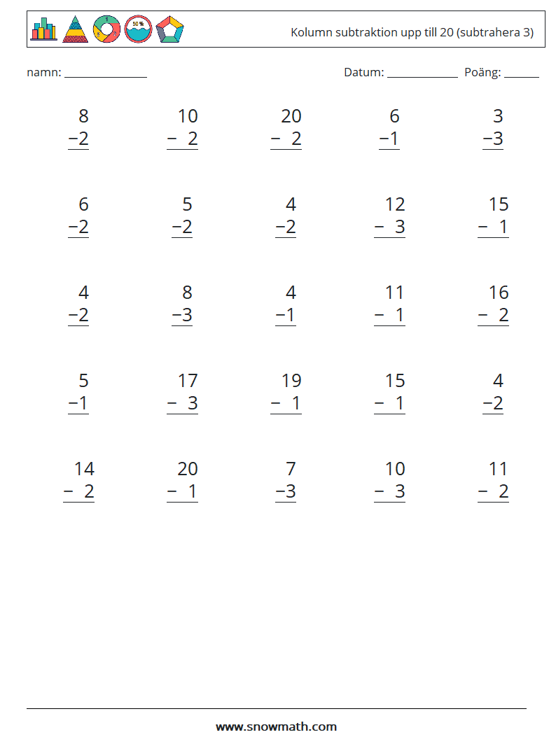(25) Kolumn subtraktion upp till 20 (subtrahera 3) Matematiska arbetsblad 17