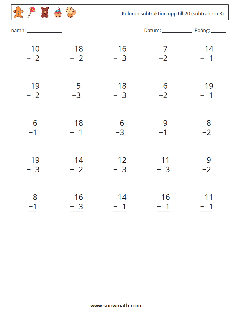 (25) Kolumn subtraktion upp till 20 (subtrahera 3) Matematiska arbetsblad 18