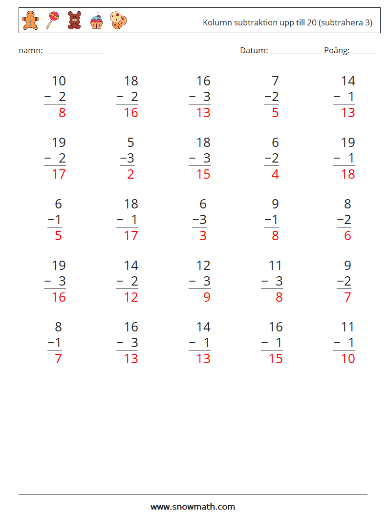 (25) Kolumn subtraktion upp till 20 (subtrahera 3) Matematiska arbetsblad 18 Fråga, svar