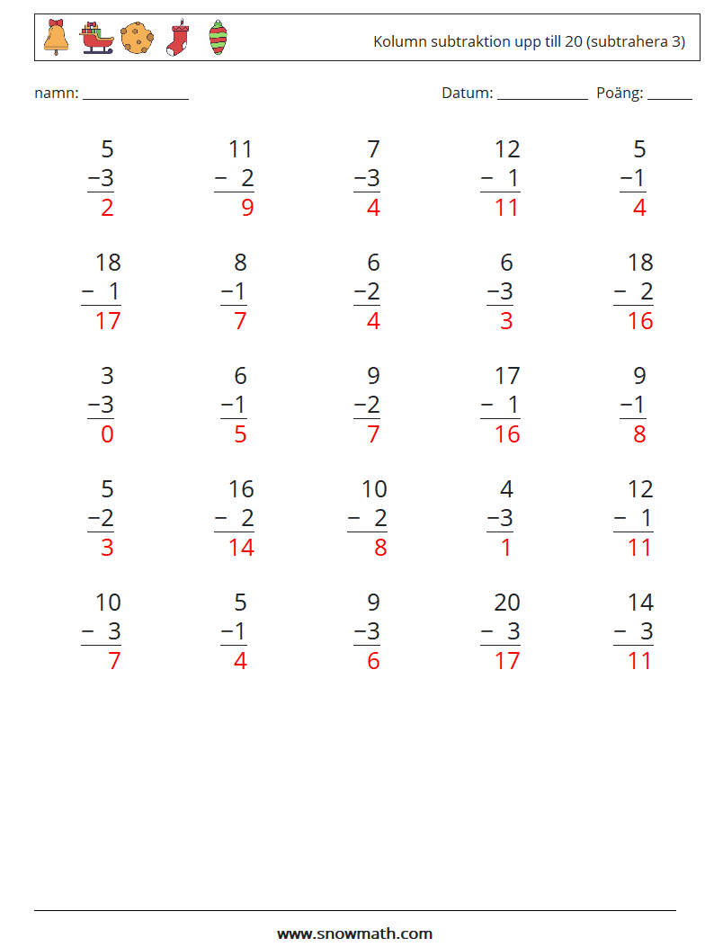 (25) Kolumn subtraktion upp till 20 (subtrahera 3) Matematiska arbetsblad 1 Fråga, svar