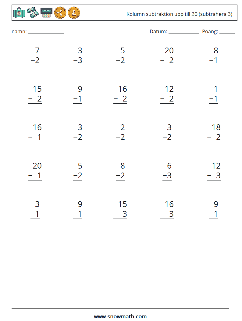 (25) Kolumn subtraktion upp till 20 (subtrahera 3) Matematiska arbetsblad 2