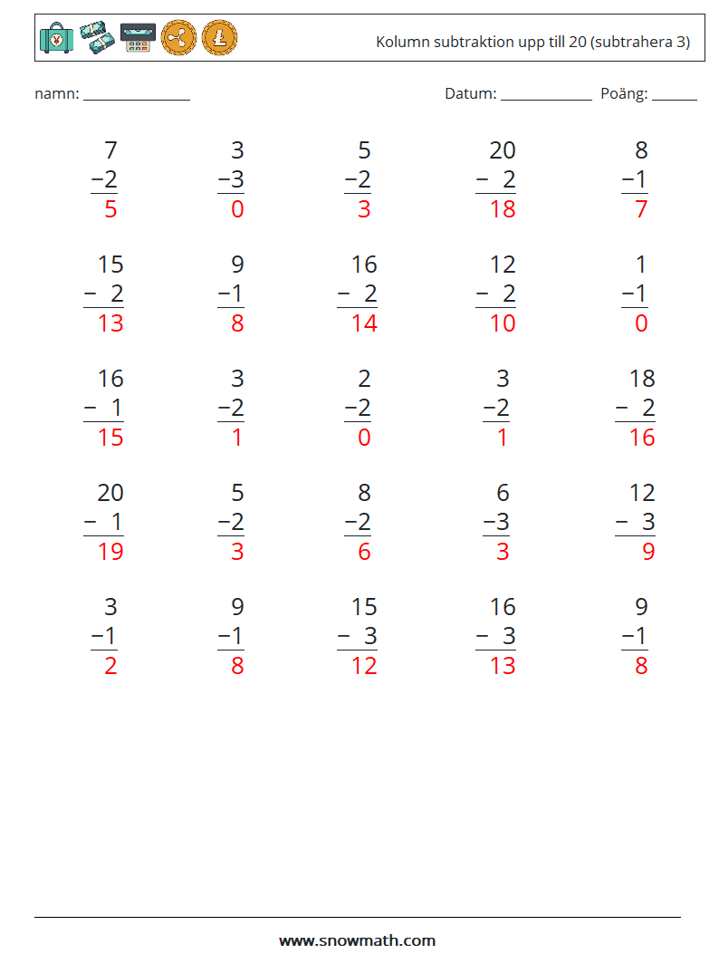 (25) Kolumn subtraktion upp till 20 (subtrahera 3) Matematiska arbetsblad 2 Fråga, svar