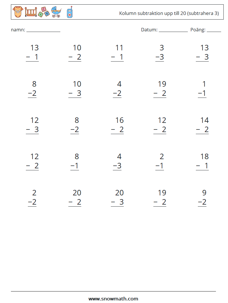 (25) Kolumn subtraktion upp till 20 (subtrahera 3) Matematiska arbetsblad 3