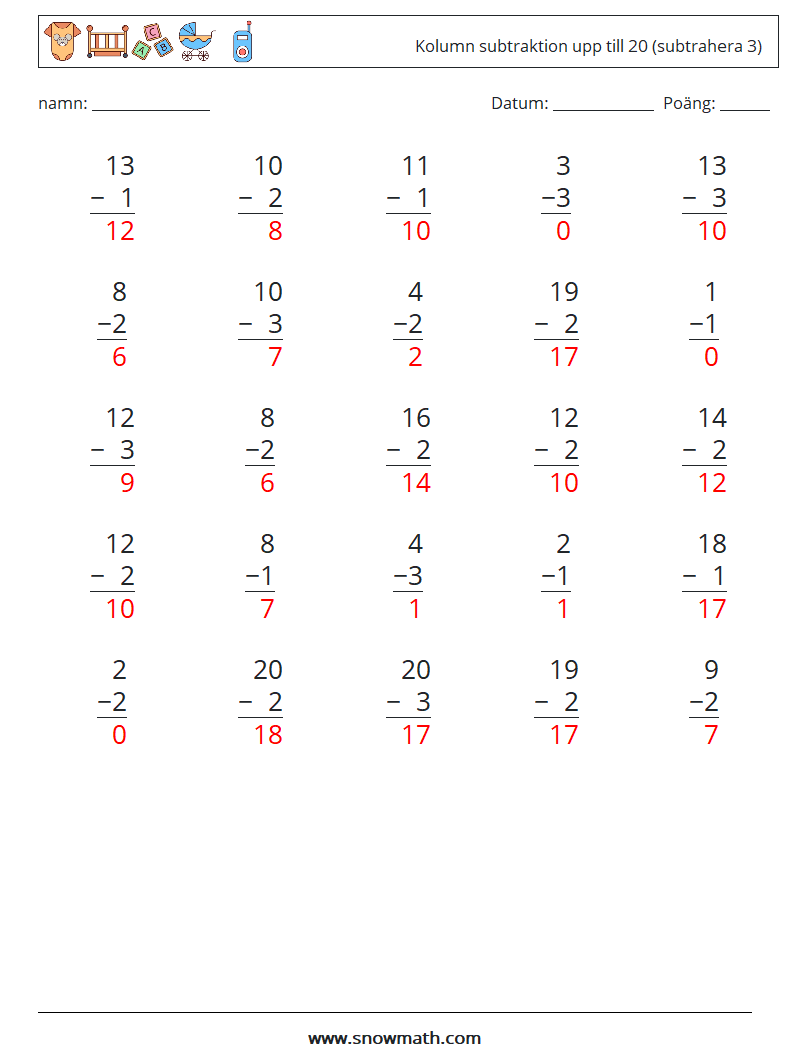 (25) Kolumn subtraktion upp till 20 (subtrahera 3) Matematiska arbetsblad 3 Fråga, svar