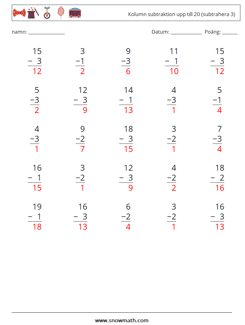 (25) Kolumn subtraktion upp till 20 (subtrahera 3) Matematiska arbetsblad 4 Fråga, svar