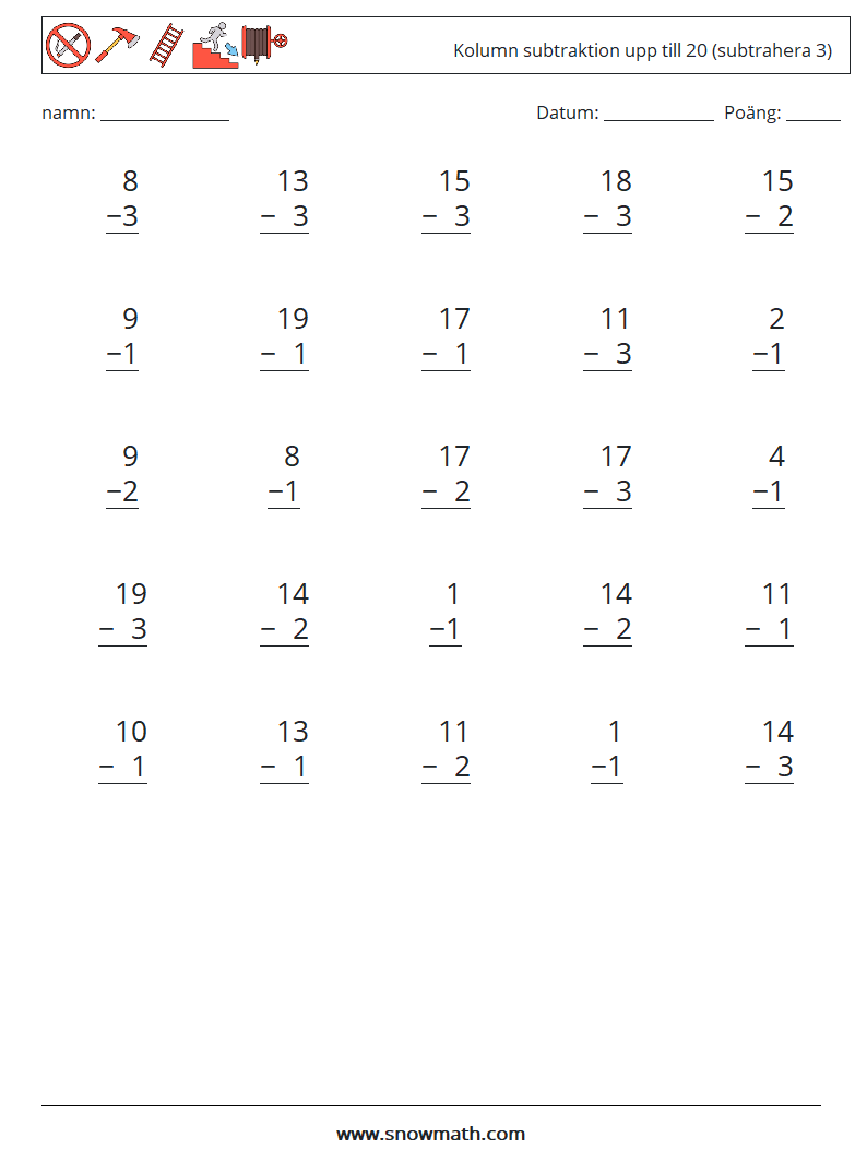(25) Kolumn subtraktion upp till 20 (subtrahera 3) Matematiska arbetsblad 5