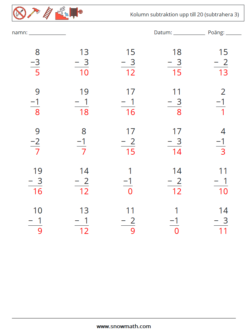 (25) Kolumn subtraktion upp till 20 (subtrahera 3) Matematiska arbetsblad 5 Fråga, svar