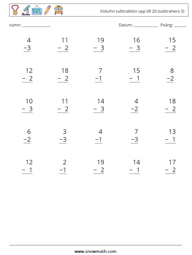 (25) Kolumn subtraktion upp till 20 (subtrahera 3) Matematiska arbetsblad 6