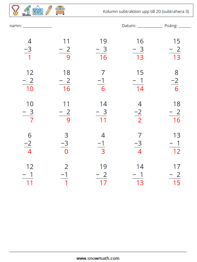 (25) Kolumn subtraktion upp till 20 (subtrahera 3) Matematiska arbetsblad 6 Fråga, svar