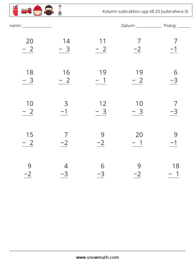 (25) Kolumn subtraktion upp till 20 (subtrahera 3) Matematiska arbetsblad 7