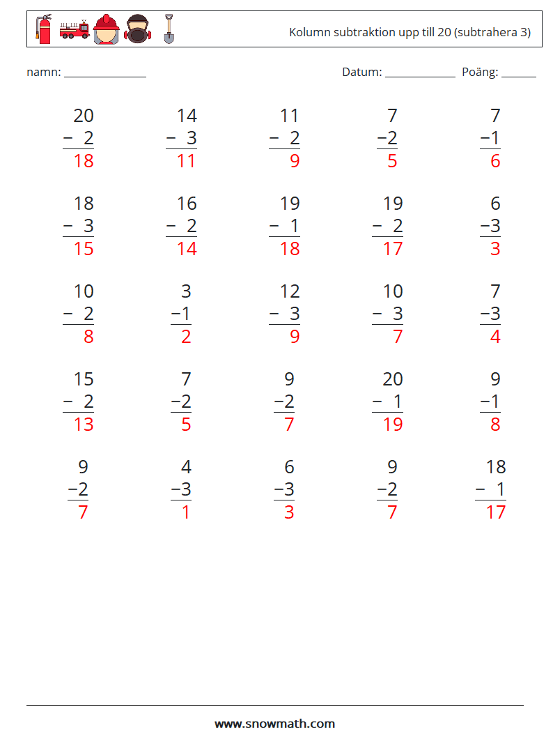 (25) Kolumn subtraktion upp till 20 (subtrahera 3) Matematiska arbetsblad 7 Fråga, svar