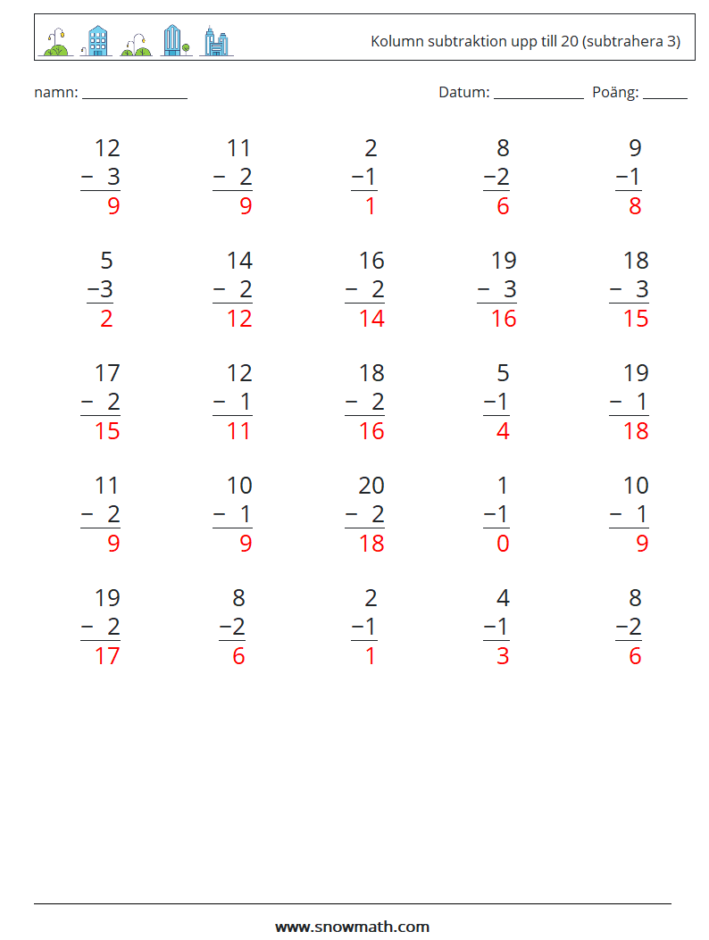 (25) Kolumn subtraktion upp till 20 (subtrahera 3) Matematiska arbetsblad 8 Fråga, svar