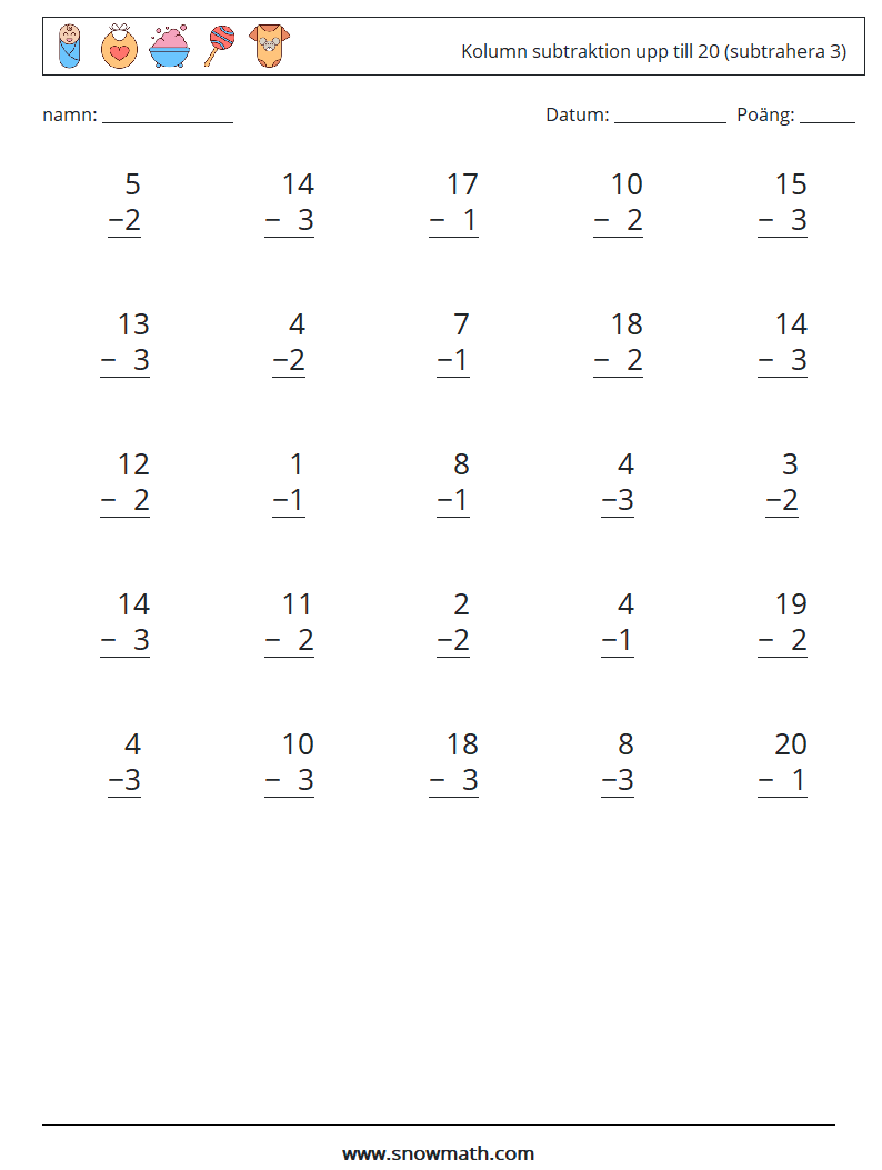 (25) Kolumn subtraktion upp till 20 (subtrahera 3) Matematiska arbetsblad 9