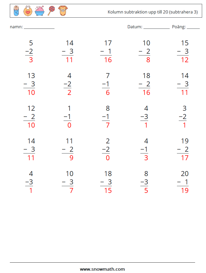 (25) Kolumn subtraktion upp till 20 (subtrahera 3) Matematiska arbetsblad 9 Fråga, svar