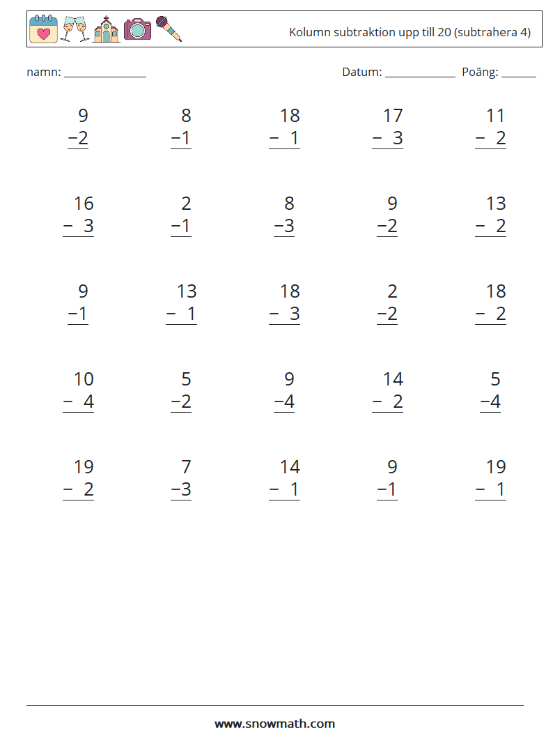 (25) Kolumn subtraktion upp till 20 (subtrahera 4) Matematiska arbetsblad 10