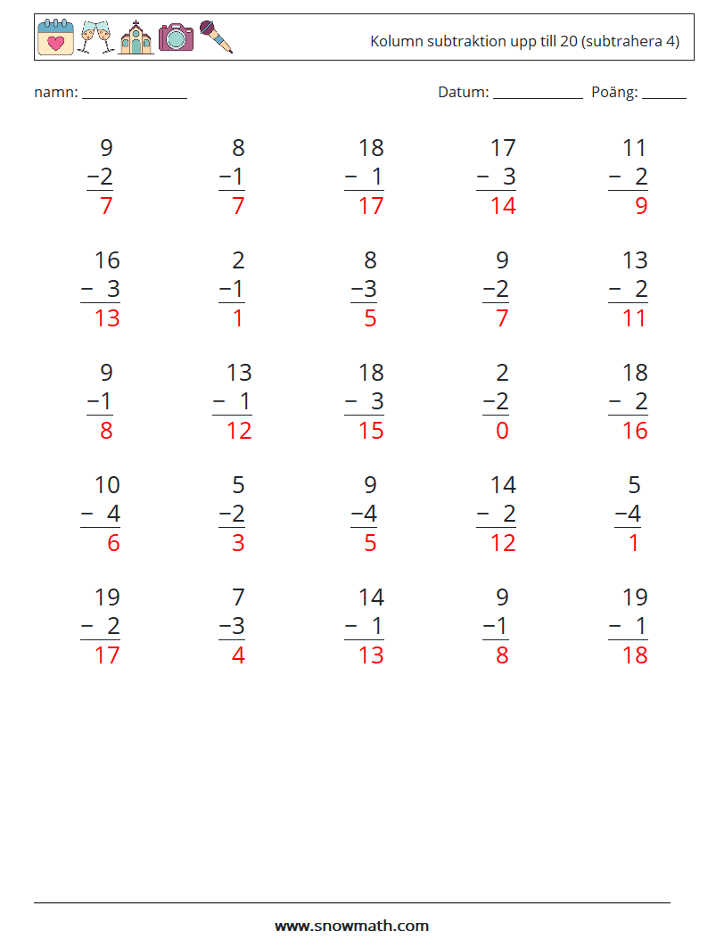 (25) Kolumn subtraktion upp till 20 (subtrahera 4) Matematiska arbetsblad 10 Fråga, svar