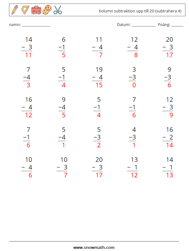 (25) Kolumn subtraktion upp till 20 (subtrahera 4) Matematiska arbetsblad 11 Fråga, svar