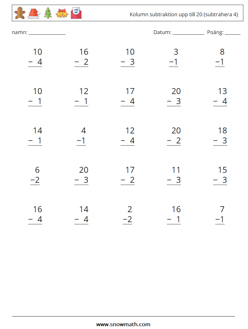 (25) Kolumn subtraktion upp till 20 (subtrahera 4) Matematiska arbetsblad 12