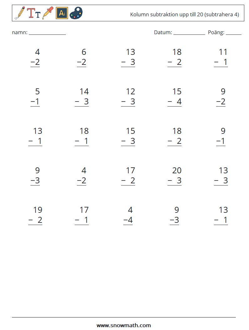 (25) Kolumn subtraktion upp till 20 (subtrahera 4) Matematiska arbetsblad 13