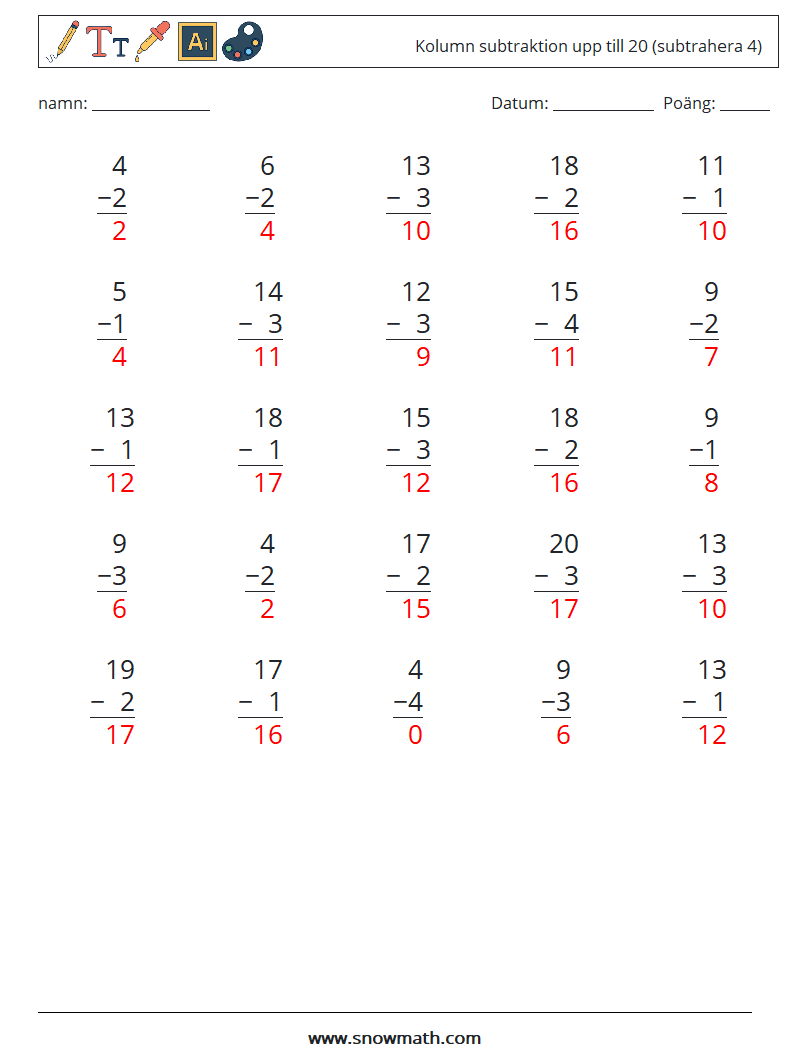(25) Kolumn subtraktion upp till 20 (subtrahera 4) Matematiska arbetsblad 13 Fråga, svar