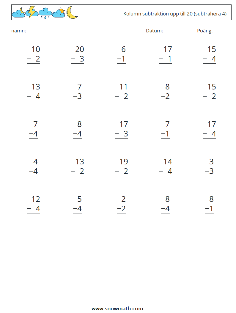 (25) Kolumn subtraktion upp till 20 (subtrahera 4) Matematiska arbetsblad 14