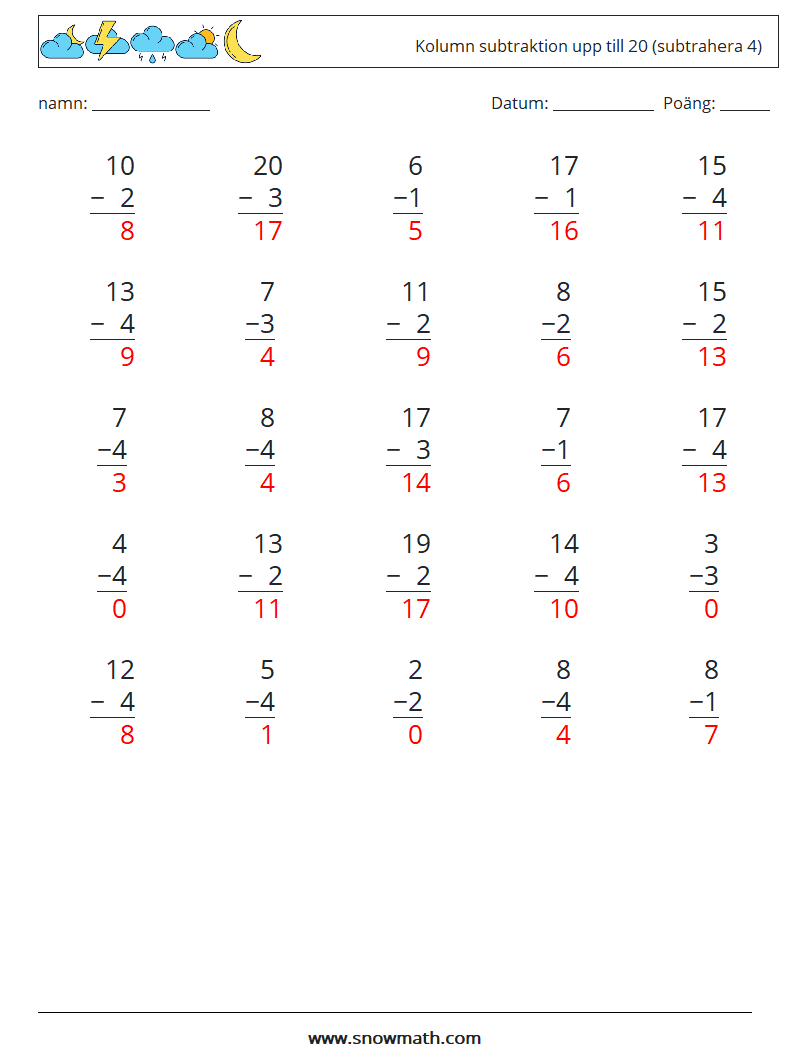 (25) Kolumn subtraktion upp till 20 (subtrahera 4) Matematiska arbetsblad 14 Fråga, svar