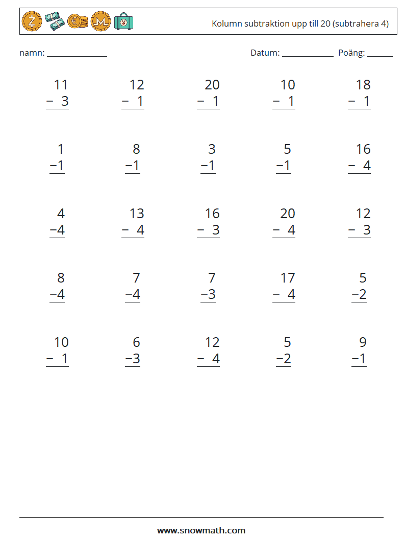(25) Kolumn subtraktion upp till 20 (subtrahera 4) Matematiska arbetsblad 15
