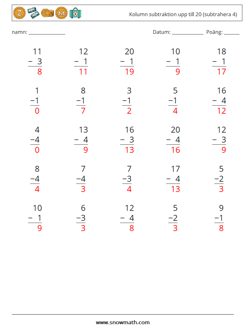 (25) Kolumn subtraktion upp till 20 (subtrahera 4) Matematiska arbetsblad 15 Fråga, svar