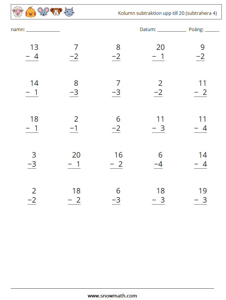 (25) Kolumn subtraktion upp till 20 (subtrahera 4) Matematiska arbetsblad 16