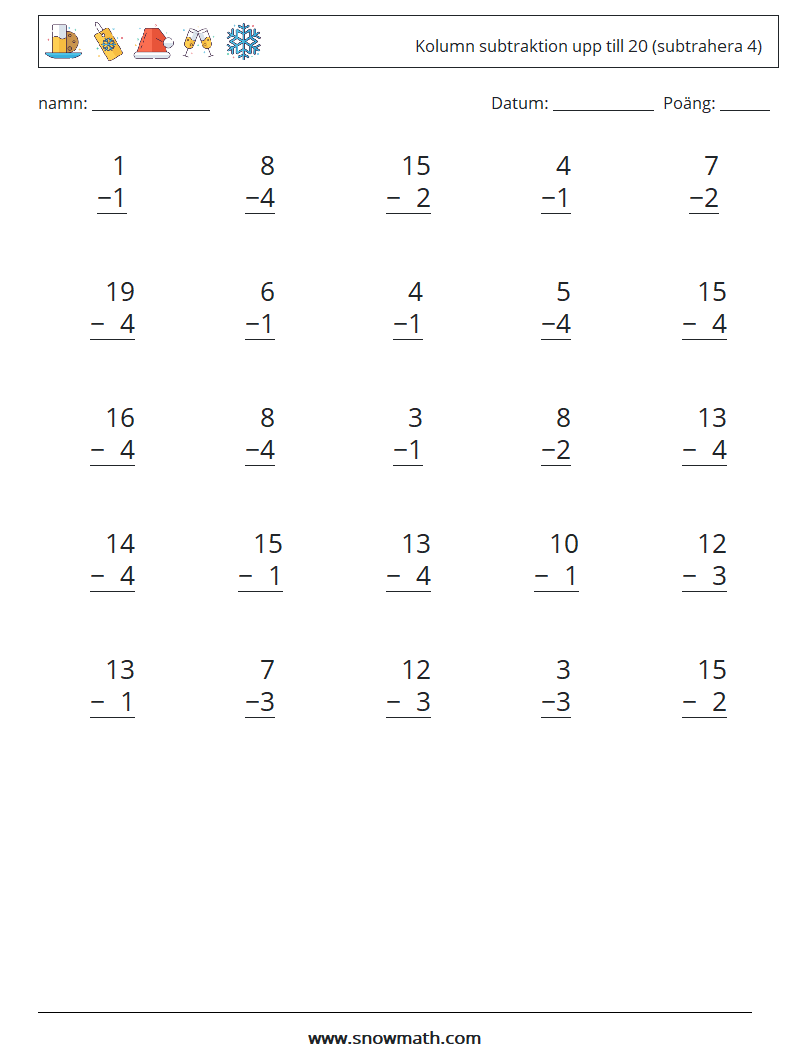 (25) Kolumn subtraktion upp till 20 (subtrahera 4) Matematiska arbetsblad 17
