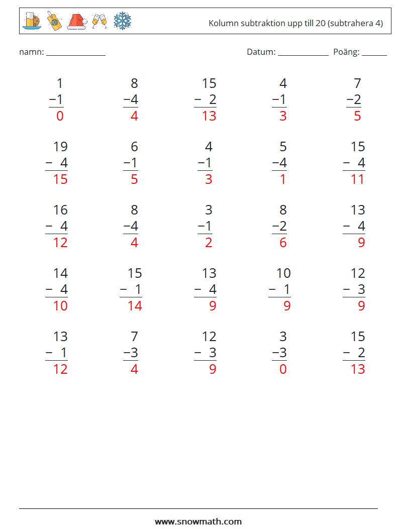 (25) Kolumn subtraktion upp till 20 (subtrahera 4) Matematiska arbetsblad 17 Fråga, svar