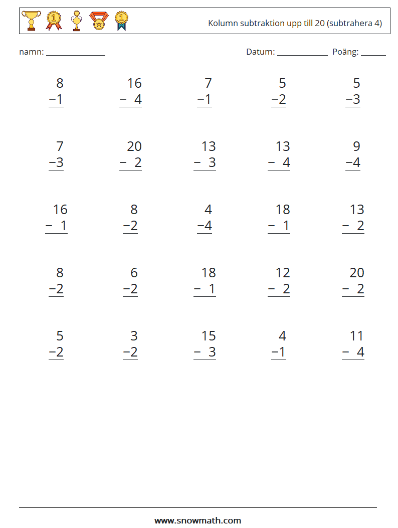(25) Kolumn subtraktion upp till 20 (subtrahera 4) Matematiska arbetsblad 18