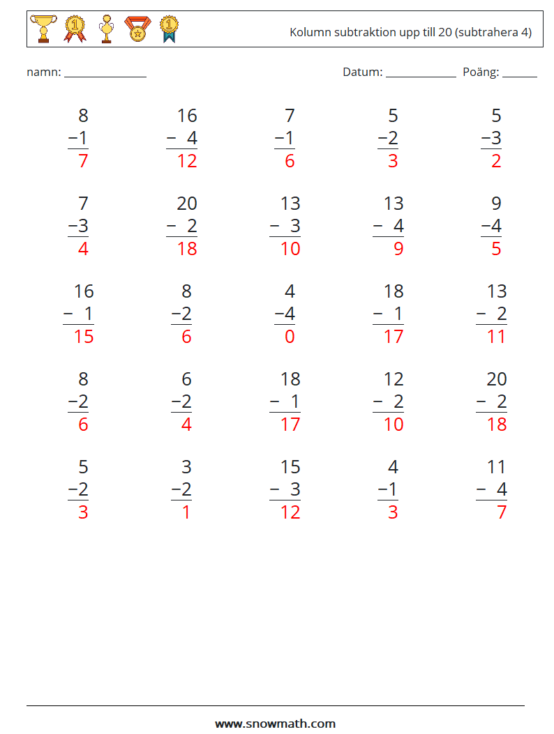 (25) Kolumn subtraktion upp till 20 (subtrahera 4) Matematiska arbetsblad 18 Fråga, svar