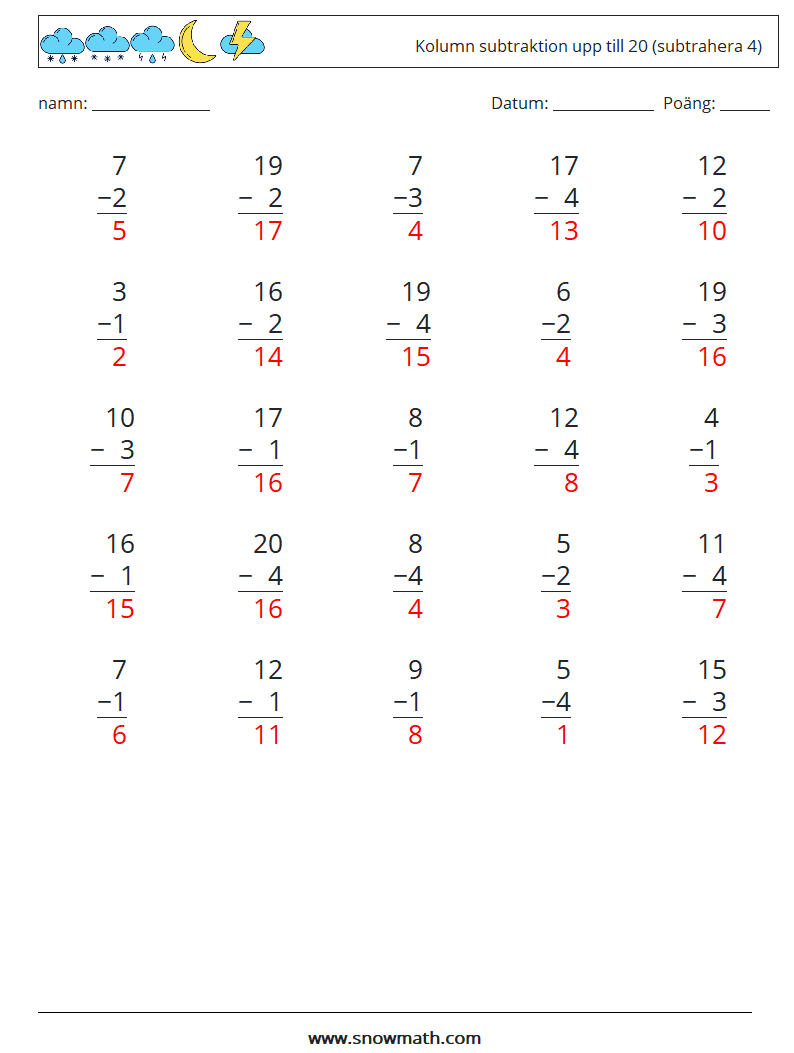 (25) Kolumn subtraktion upp till 20 (subtrahera 4) Matematiska arbetsblad 1 Fråga, svar