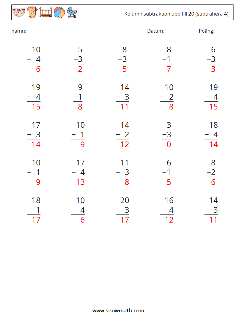 (25) Kolumn subtraktion upp till 20 (subtrahera 4) Matematiska arbetsblad 2 Fråga, svar
