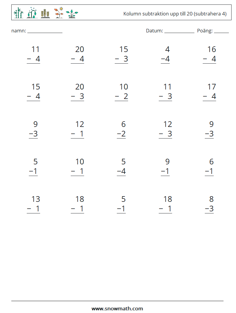 (25) Kolumn subtraktion upp till 20 (subtrahera 4) Matematiska arbetsblad 3