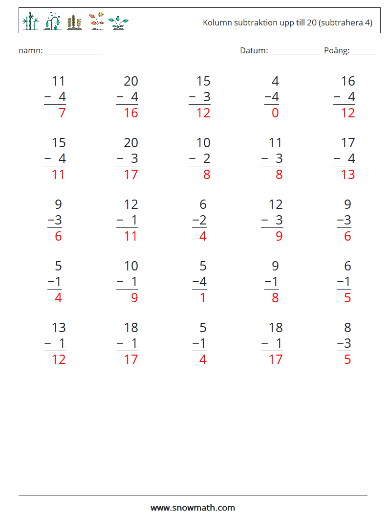 (25) Kolumn subtraktion upp till 20 (subtrahera 4) Matematiska arbetsblad 3 Fråga, svar