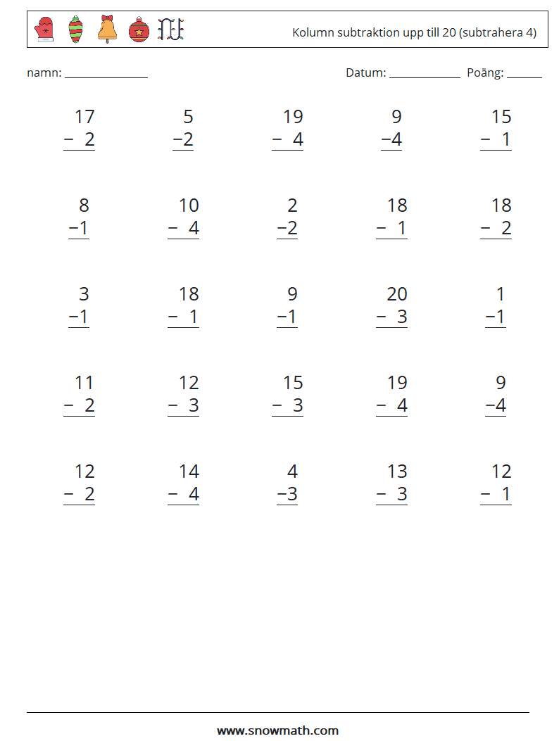 (25) Kolumn subtraktion upp till 20 (subtrahera 4) Matematiska arbetsblad 4