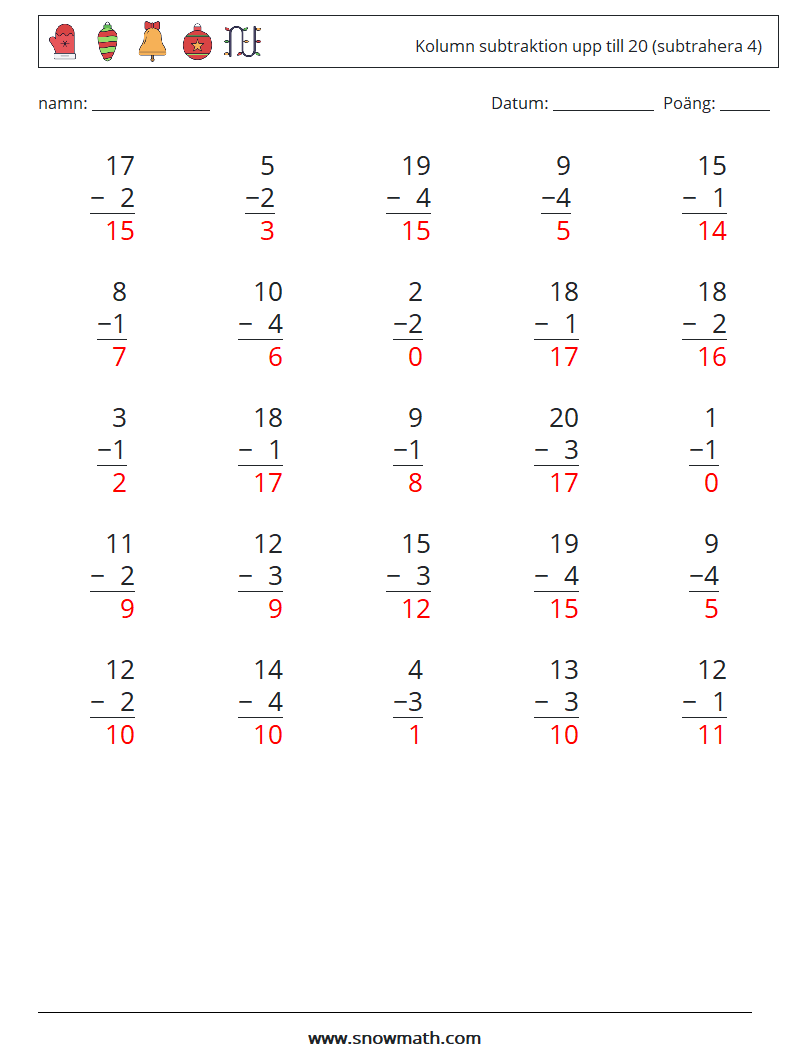 (25) Kolumn subtraktion upp till 20 (subtrahera 4) Matematiska arbetsblad 4 Fråga, svar