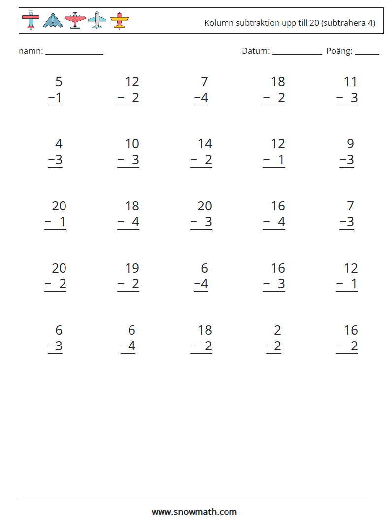 (25) Kolumn subtraktion upp till 20 (subtrahera 4) Matematiska arbetsblad 5