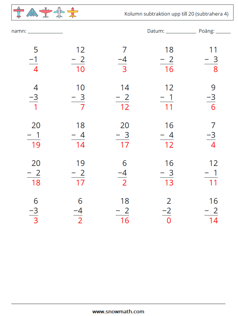 (25) Kolumn subtraktion upp till 20 (subtrahera 4) Matematiska arbetsblad 5 Fråga, svar