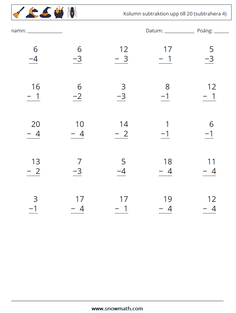 (25) Kolumn subtraktion upp till 20 (subtrahera 4) Matematiska arbetsblad 6