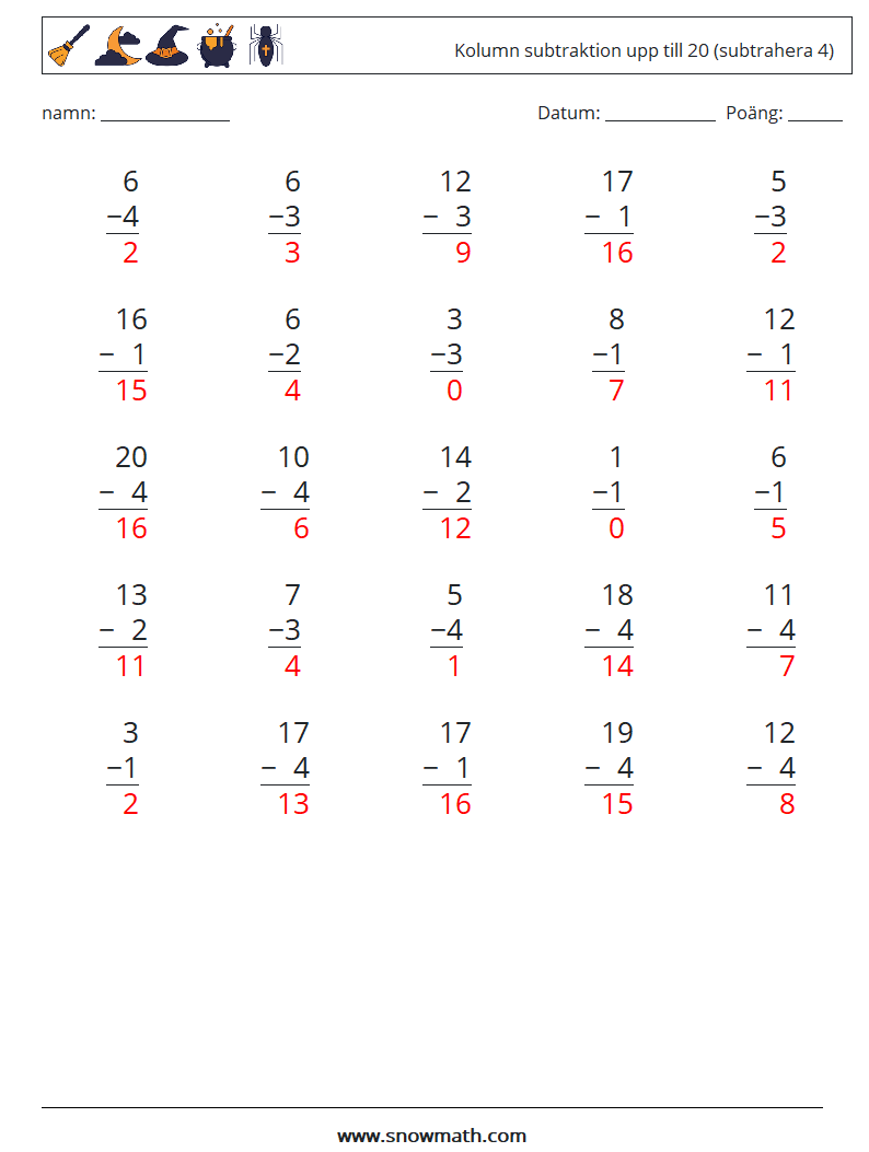 (25) Kolumn subtraktion upp till 20 (subtrahera 4) Matematiska arbetsblad 6 Fråga, svar