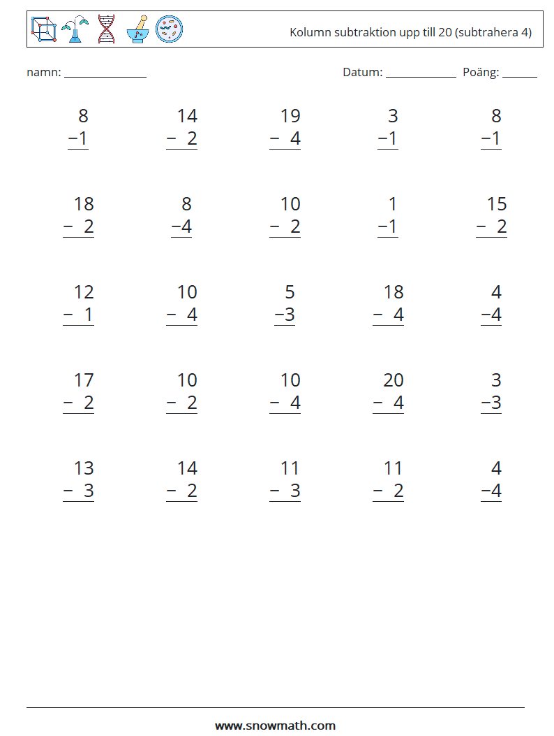(25) Kolumn subtraktion upp till 20 (subtrahera 4) Matematiska arbetsblad 7
